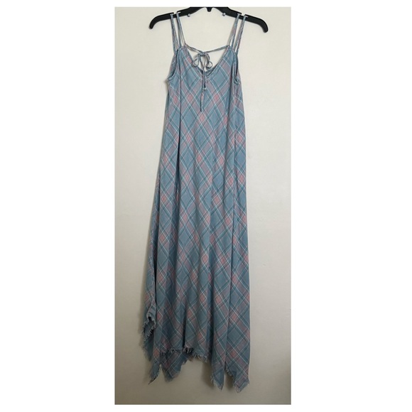 Billy T Strappy Maxi Dress in Hamp Plaid Small Sharkbite Raw Hem Lyocell *Flaw* - Picture 7 of 13